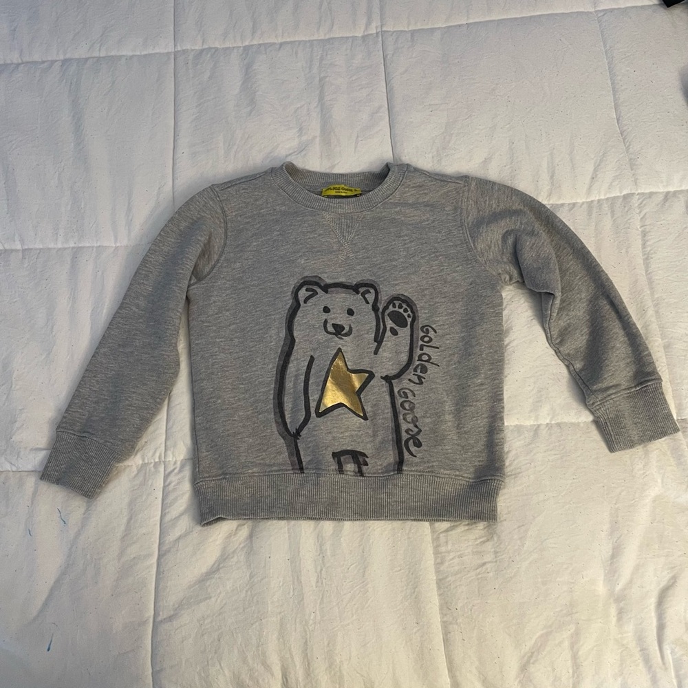 Golden Goose Gray and Gold Sweatshirt with Playful Bear Graphic